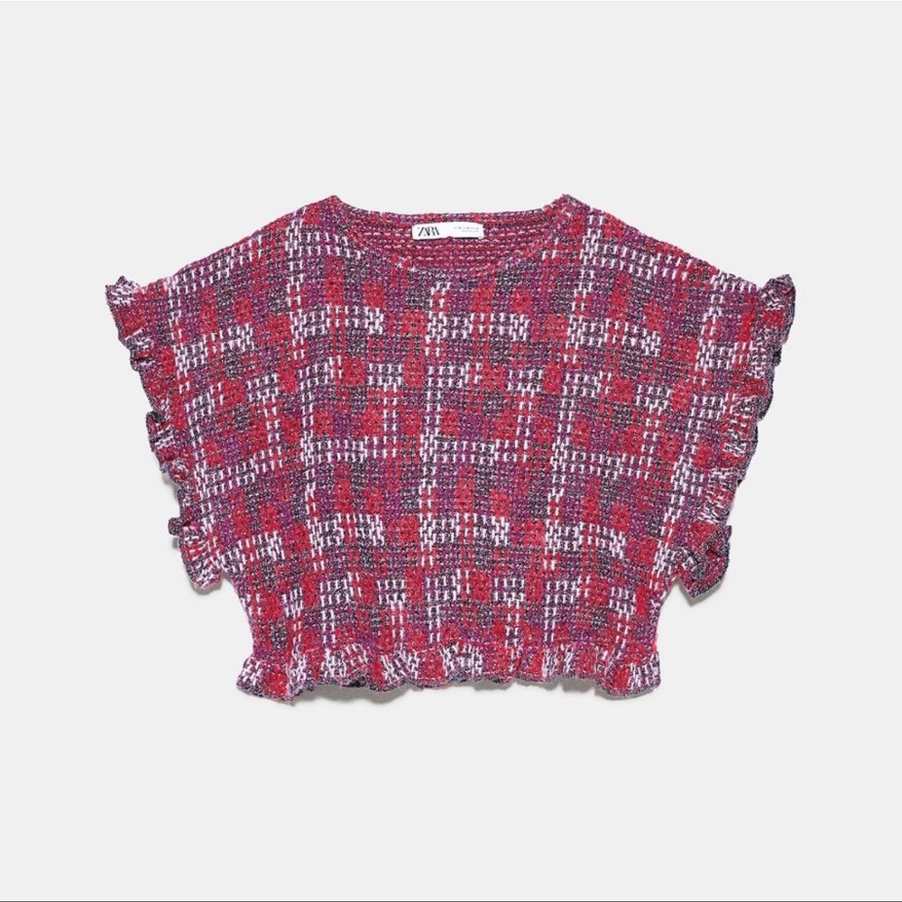 NWT Zara Metalic Ruffle Knit Top Size Medium- Orange Pink